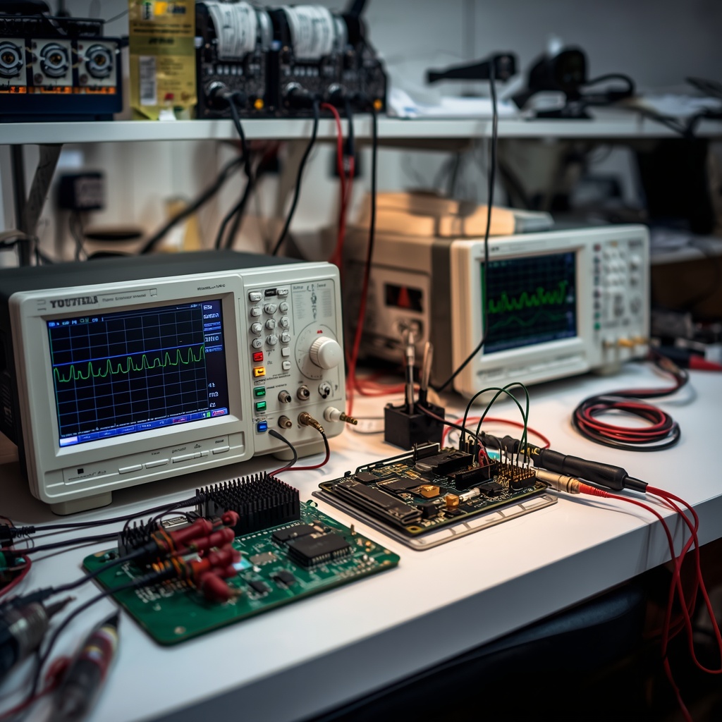 A modern electronics laboratory workbench with digital oscilloscopes, soldering tools, circuit boards, components, test leads, no people