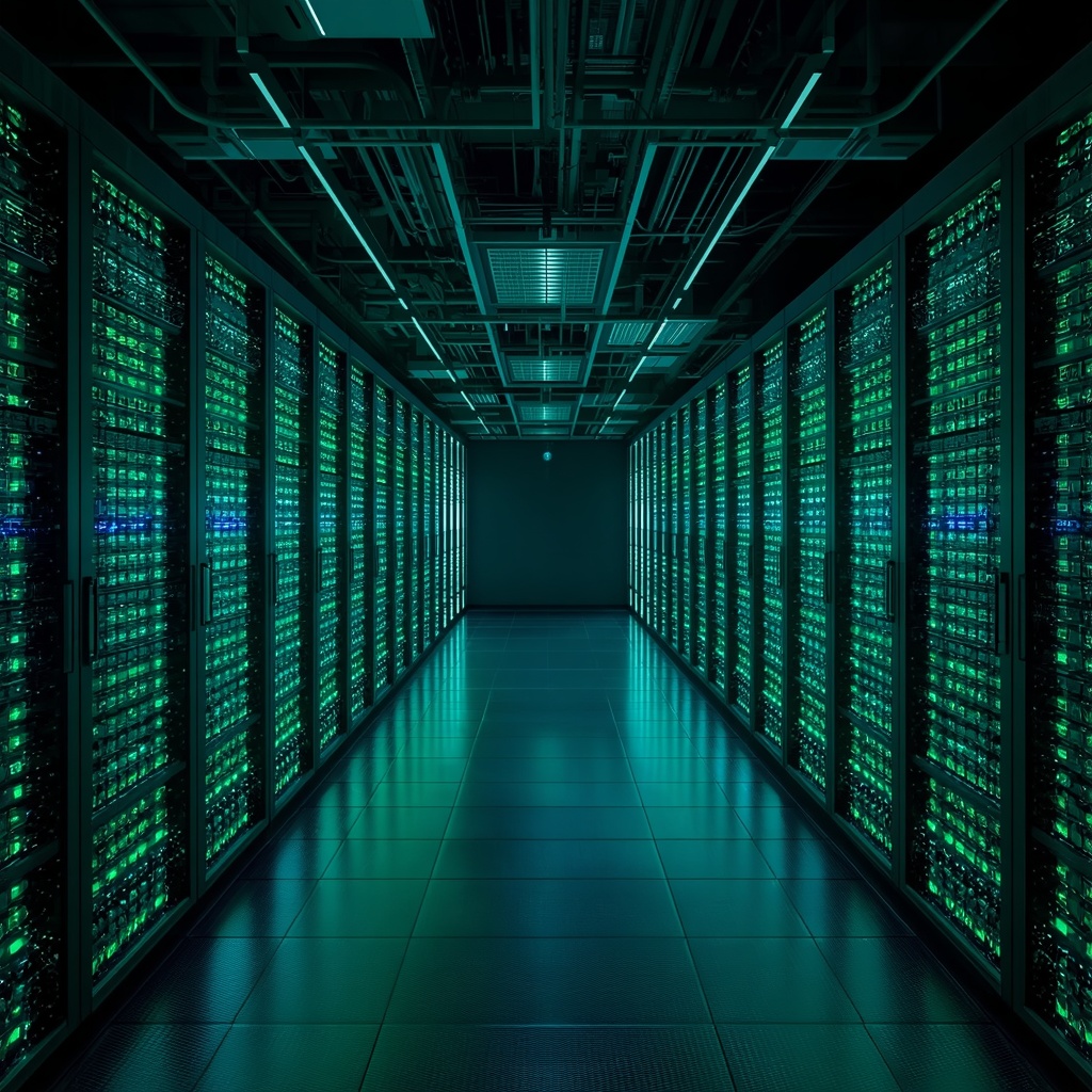 A high-tech digital computing data center room, glowing green and blue LED lights, high-speed servers, computer racks, ethernet cables, no people